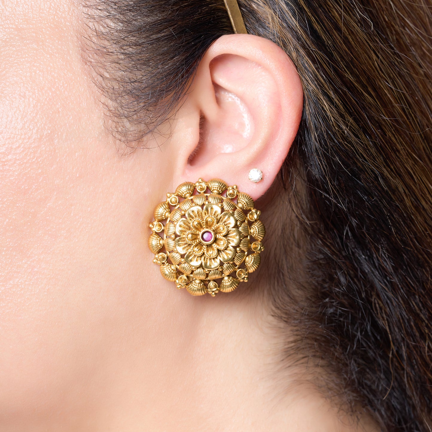 Gold Plated Mandala Floral Stud Earrings In Green Stone
