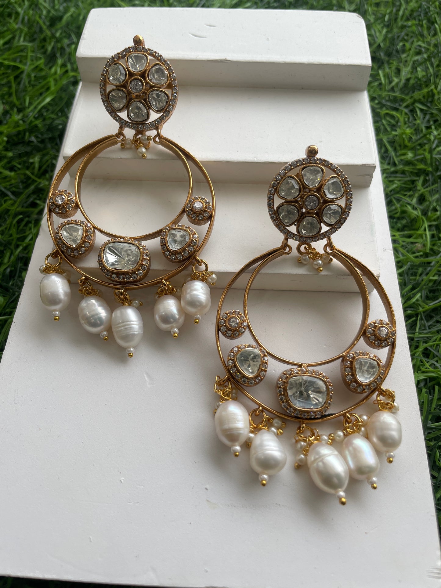 Gold Finish Kundan and Pearl Utsav Chandbaali with Faux Diamond Accents