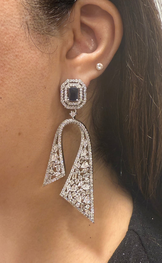 Zircon Angled Earrings with Blue Stone