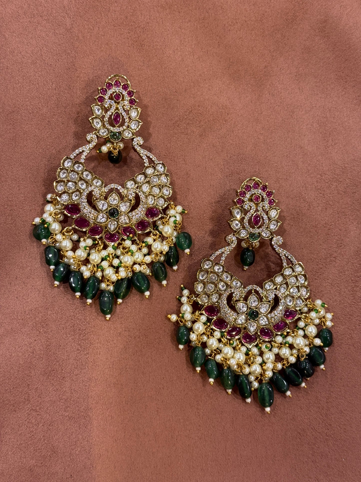 Polki Chaandbaalis with Green Beads