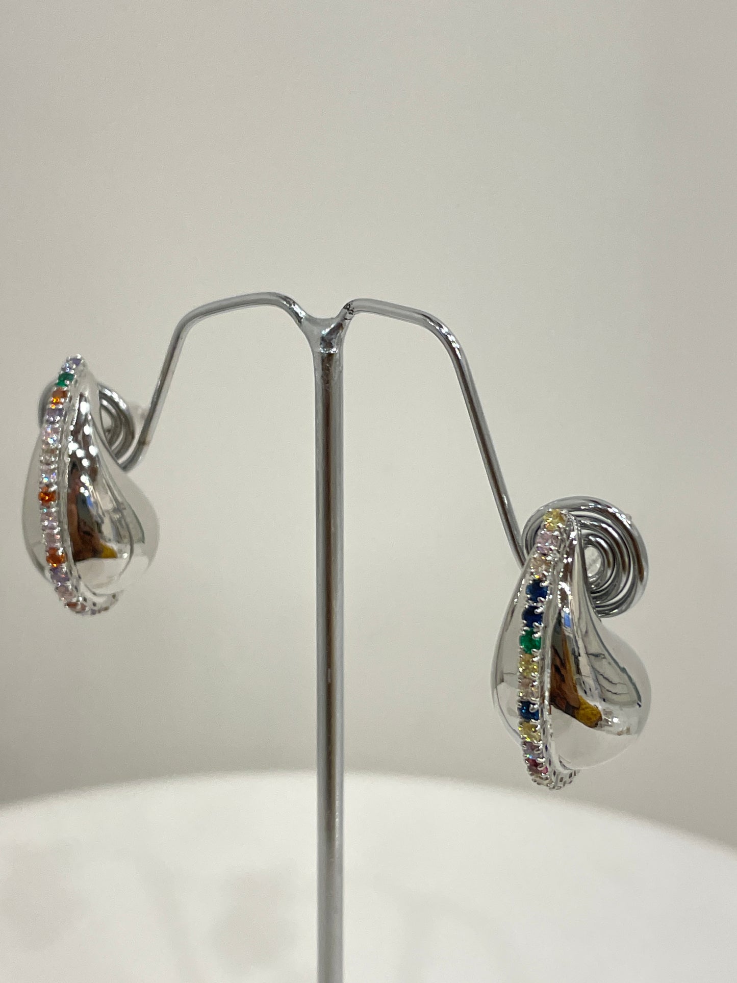 Silver Tear Drop Stud Earrings with Colored Zircon