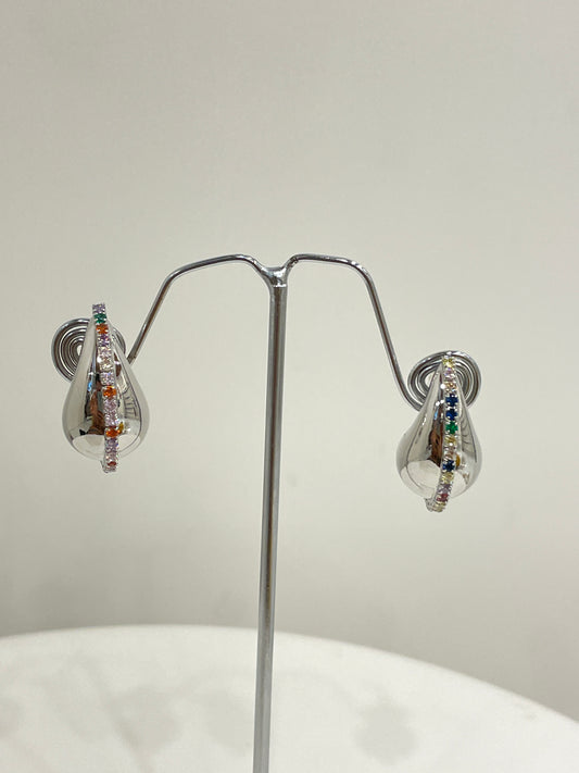 Silver Tear Drop Stud Earrings with Colored Zircon