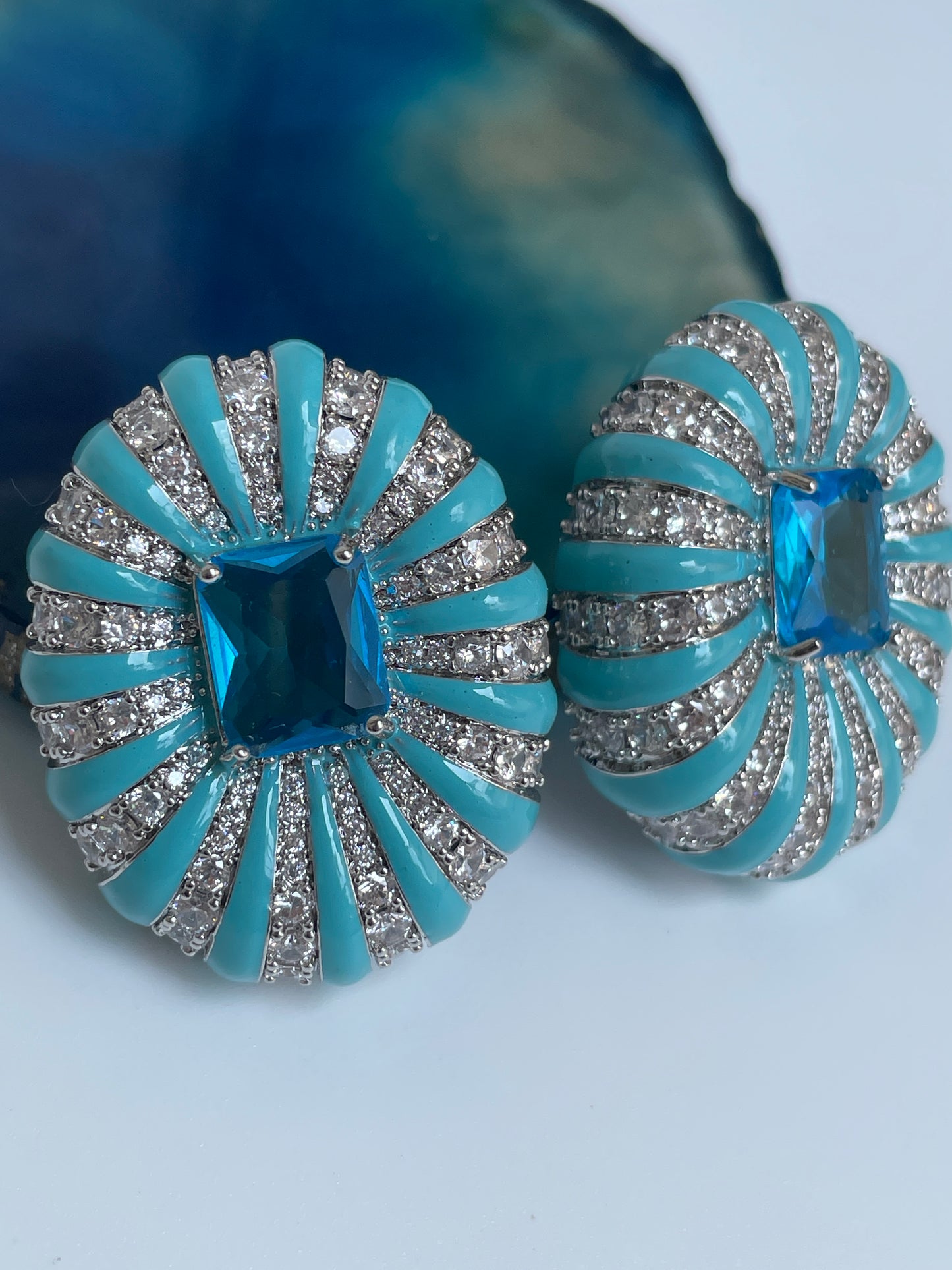 Enamelled Studs with Faux Diamond Accents and Blue Center Stone
