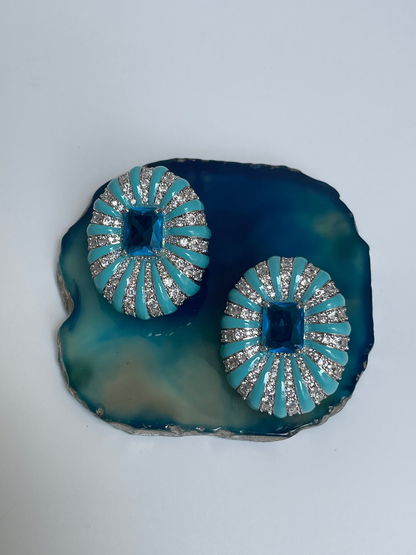 Enamelled Studs with Faux Diamond Accents and Blue Center Stone