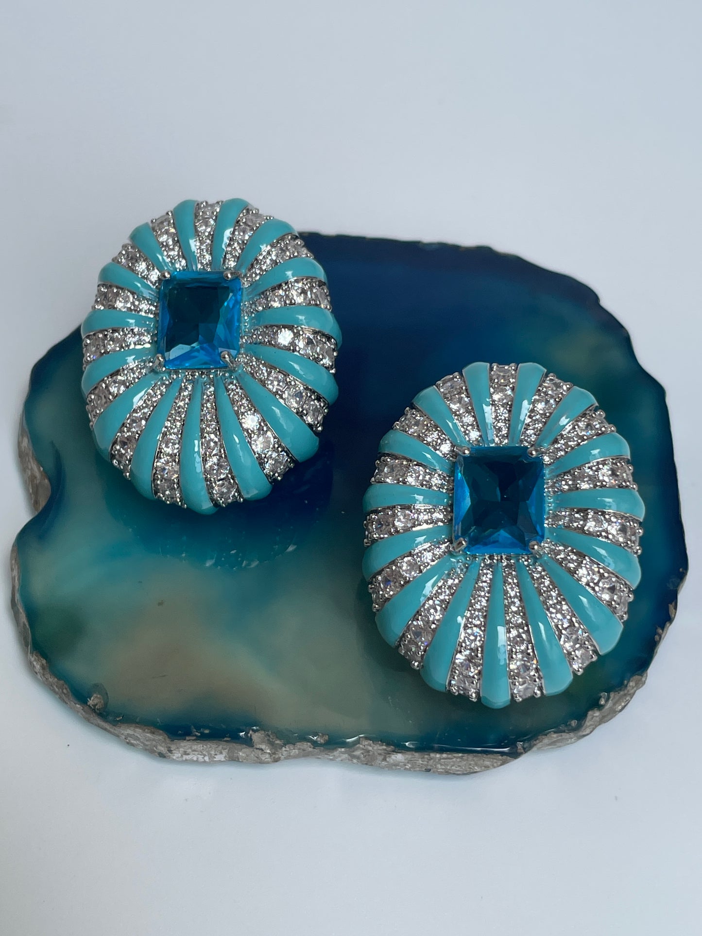 Enamelled Studs with Faux Diamond Accents and Blue Center Stone