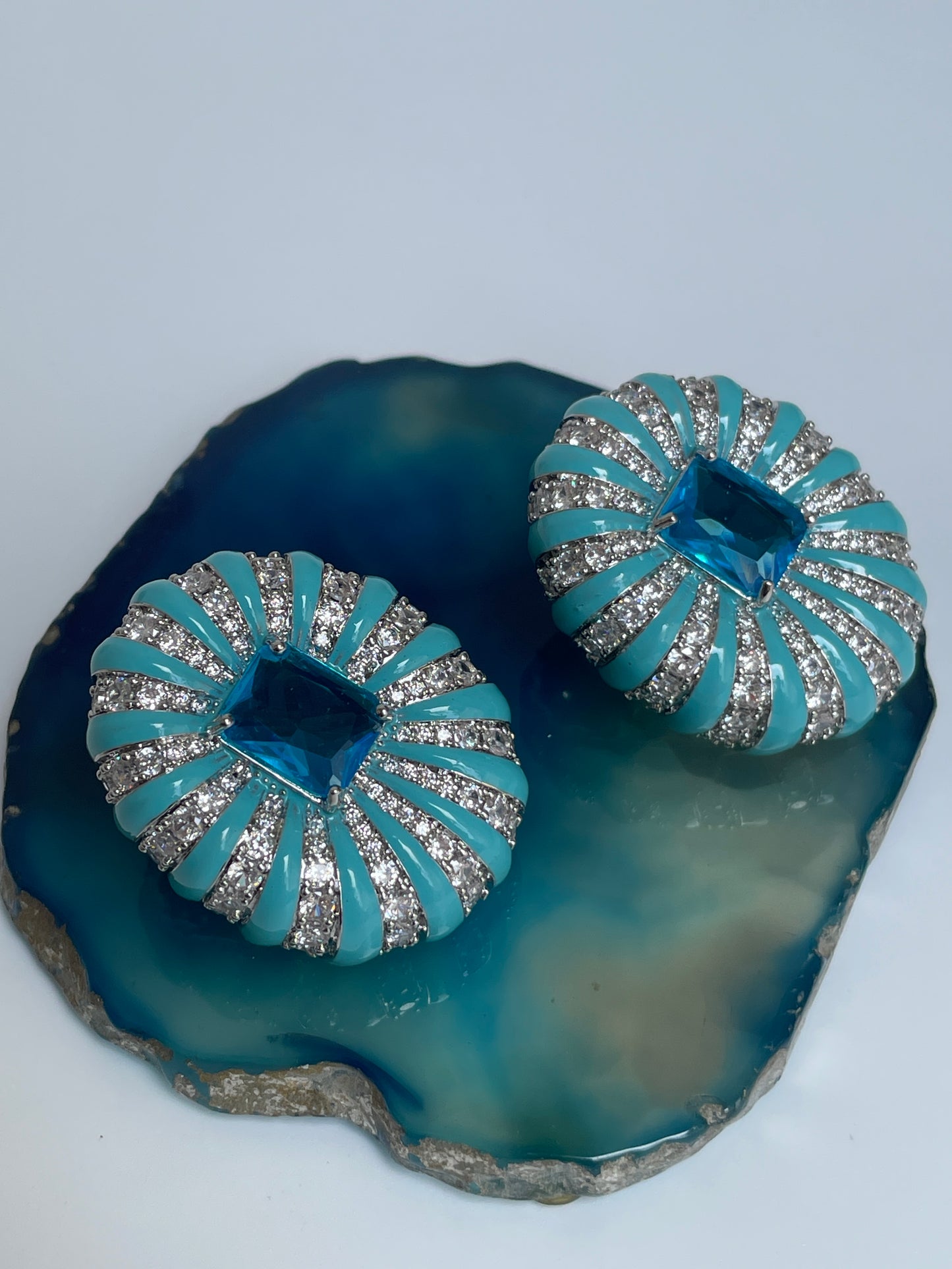 Enamelled Studs with Faux Diamond Accents and Blue Center Stone
