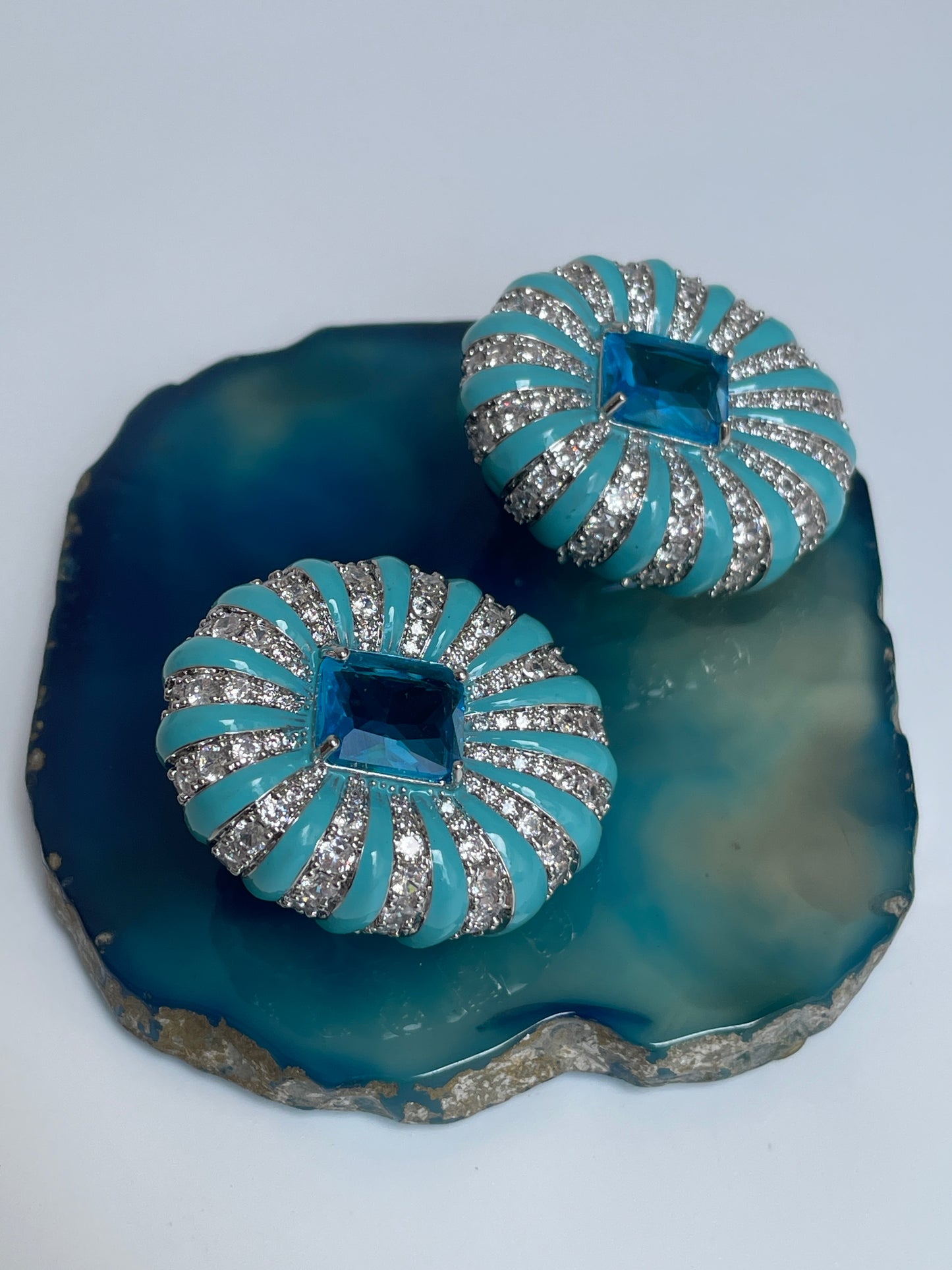 Enamelled Studs with Faux Diamond Accents and Blue Center Stone