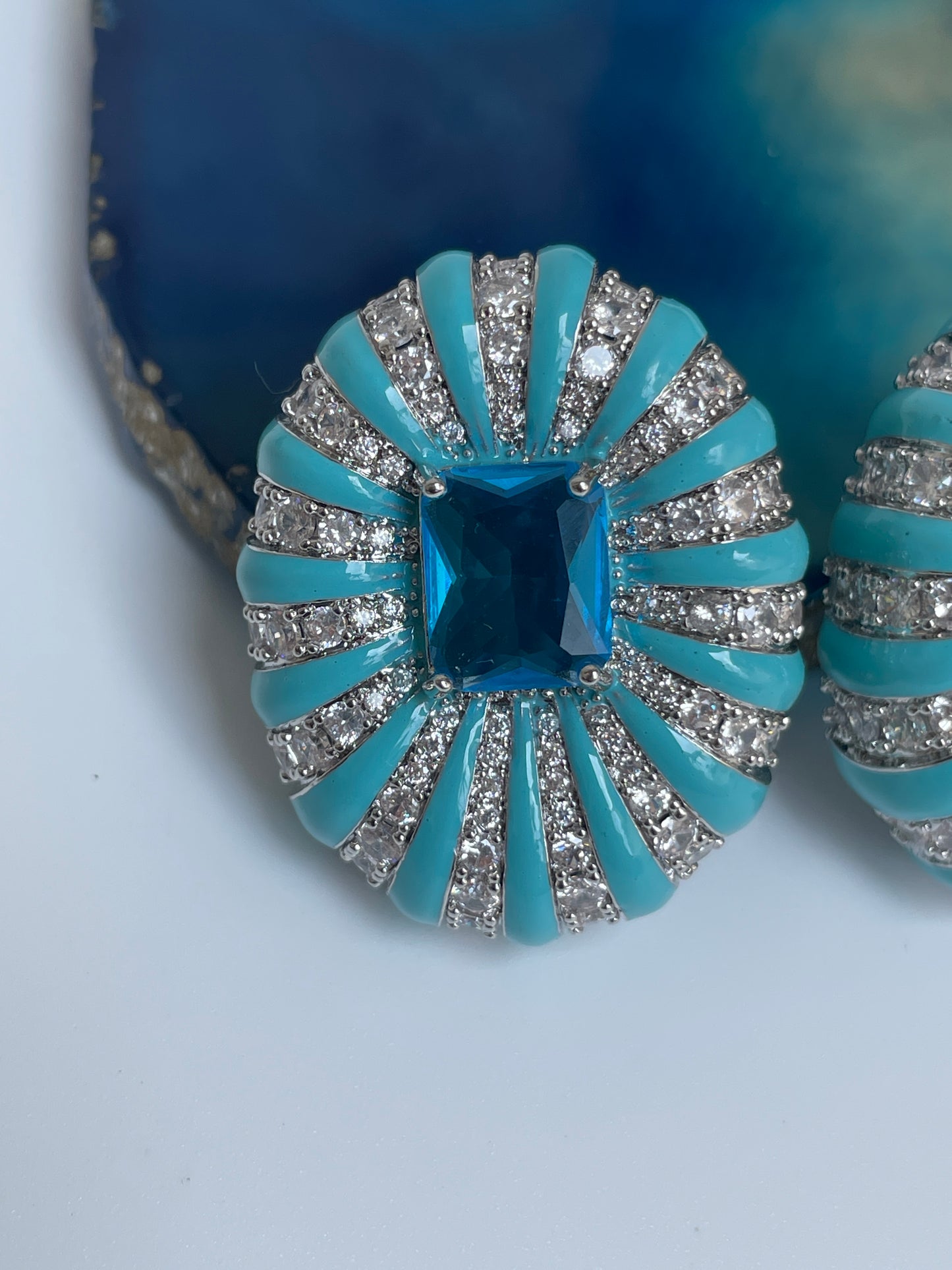Enamelled Studs with Faux Diamond Accents and Blue Center Stone