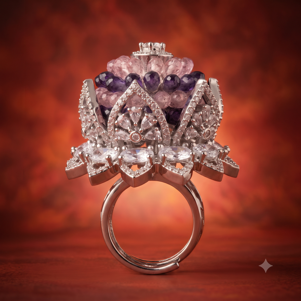 Silver-Tone Purple Floral Statement Ring