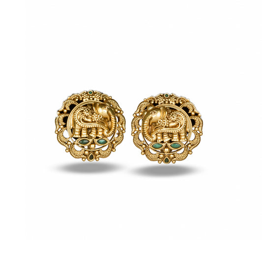 Pair of gold earrings with elephant design on a white background By Studio 6 Jewels