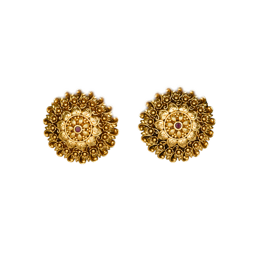 Pair Of Gold Plated Mandala Design Stud Earrings on a white background