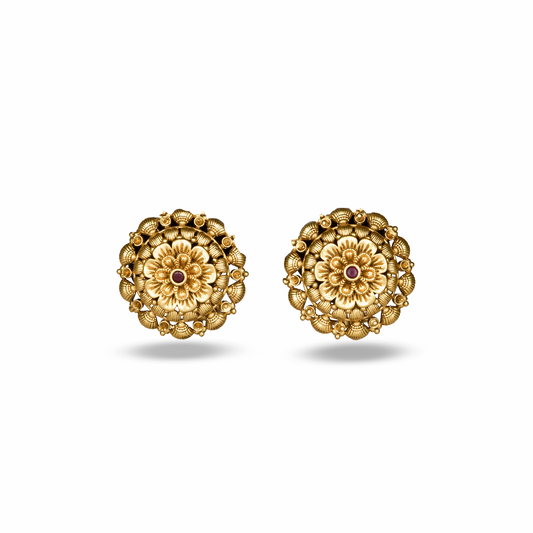 Pair of Gold Plated mandala design stud earrings with red stone in center