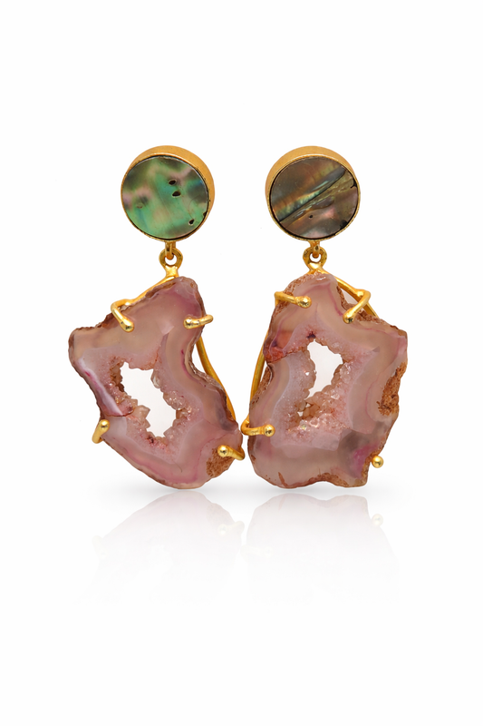 Faux Pink Quartz and Abalone Shell Drop Earrings