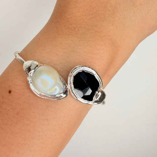 Silver White Black Onyx and Pearl Studded Cuff Bangle