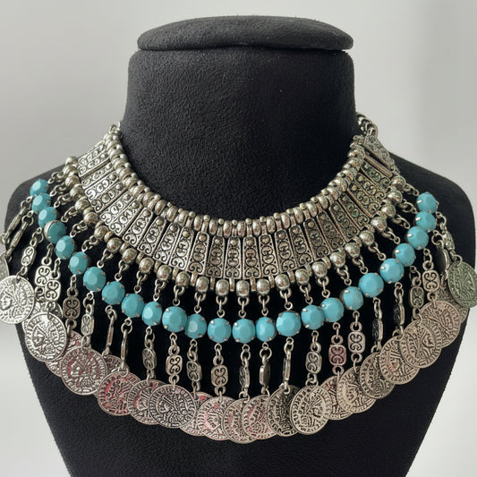 Oxidised Necklace with Coin Motifs and Turquoise Accents
