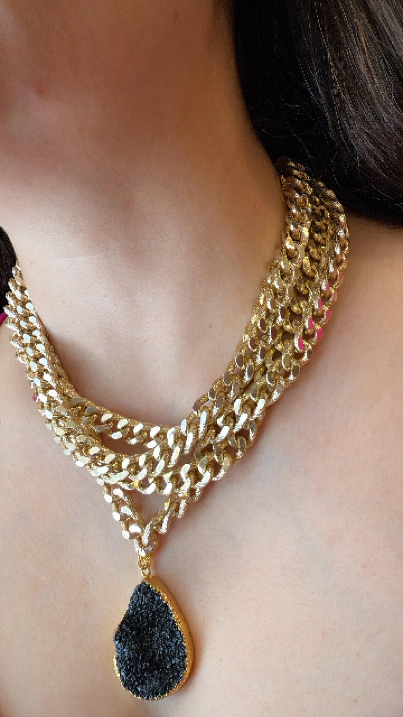 Link Chain Necklace with Black Druzy Stone