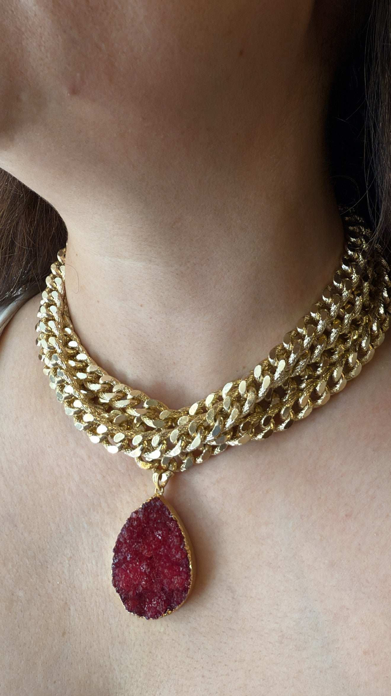 Link Chain Necklace with Red Druzy Stone
