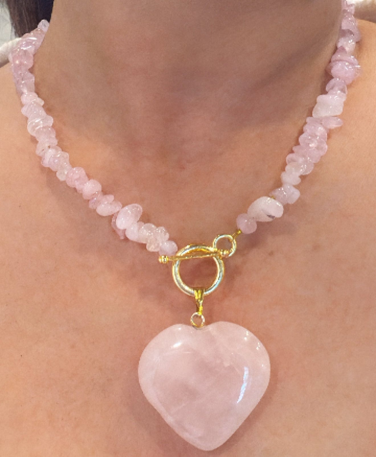 Organic Pink Quartz String Heart Necklace