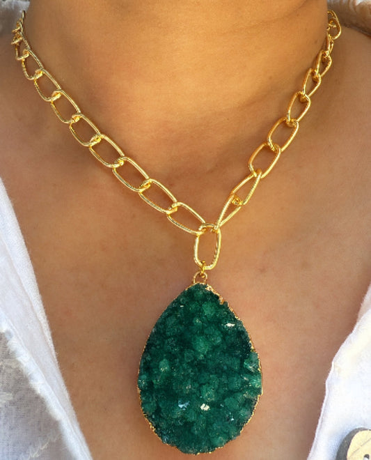 Link Chain Necklace with Green Druzy Stone