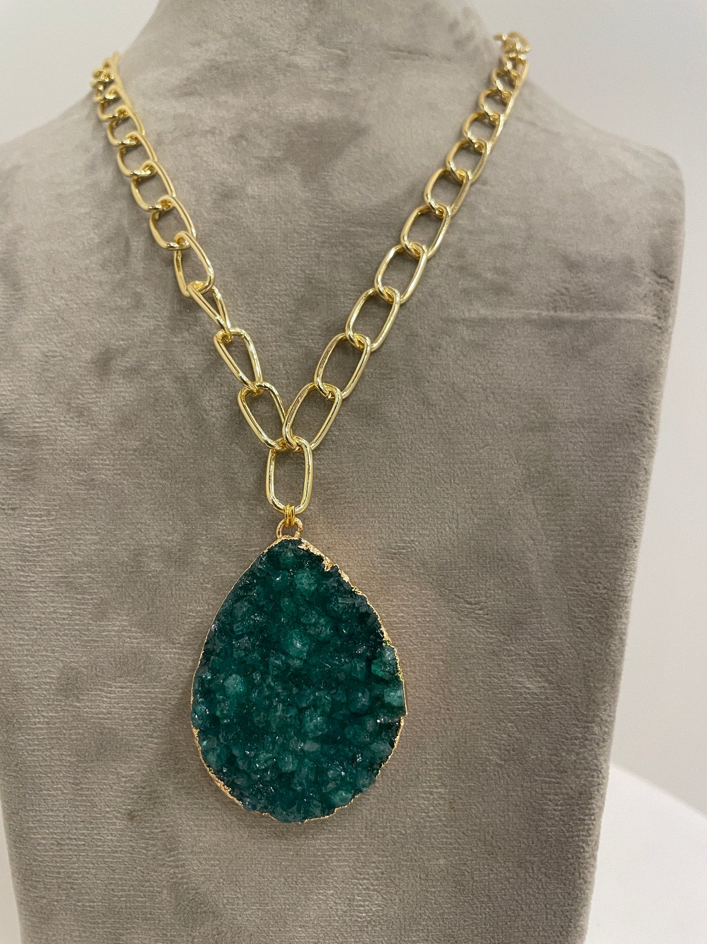 Link Chain Necklace with Green Druzy Stone