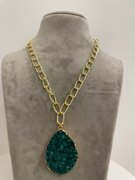 Link Chain Necklace with Green Druzy Stone