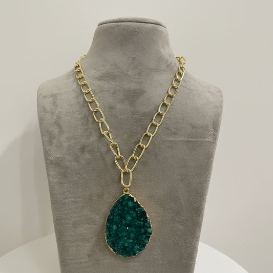 Link Chain Necklace with Green Druzy Stone