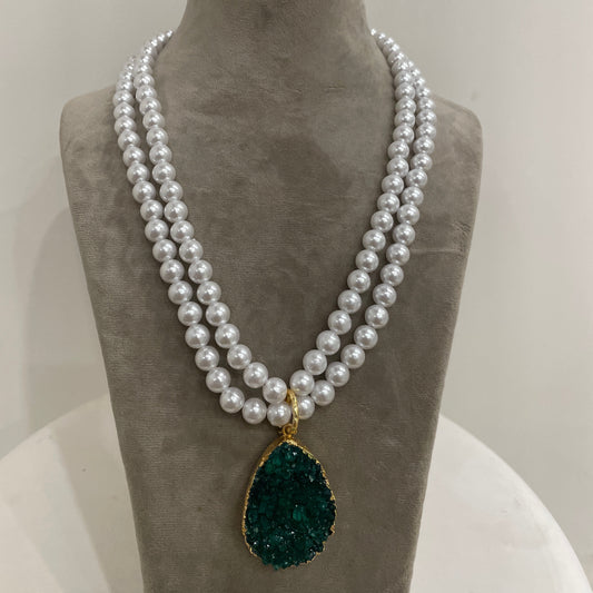 Long Pearl Necklace With Green Druzy Stone