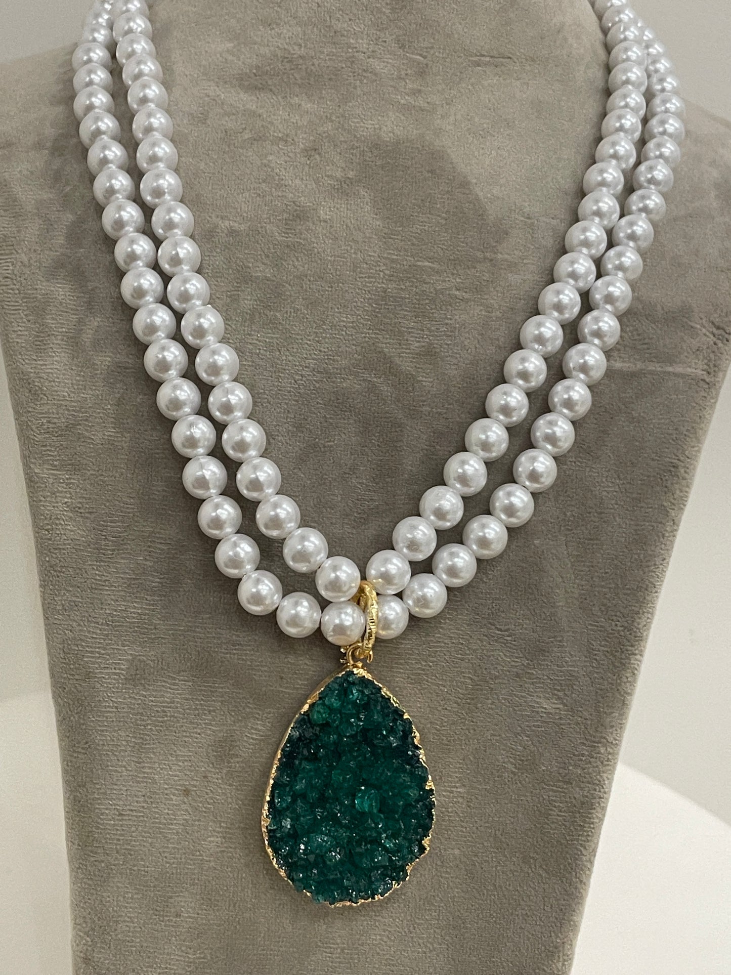 Long Pearl Necklace With Green Druzy Stone