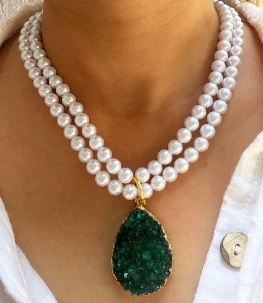 Long Pearl Necklace With Green Druzy Stone