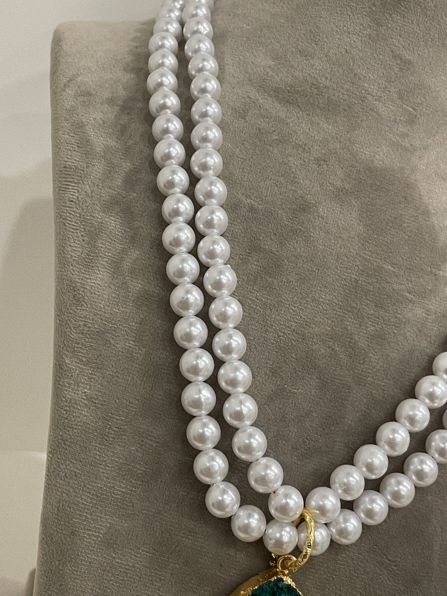 Long Pearl Necklace With Green Druzy Stone