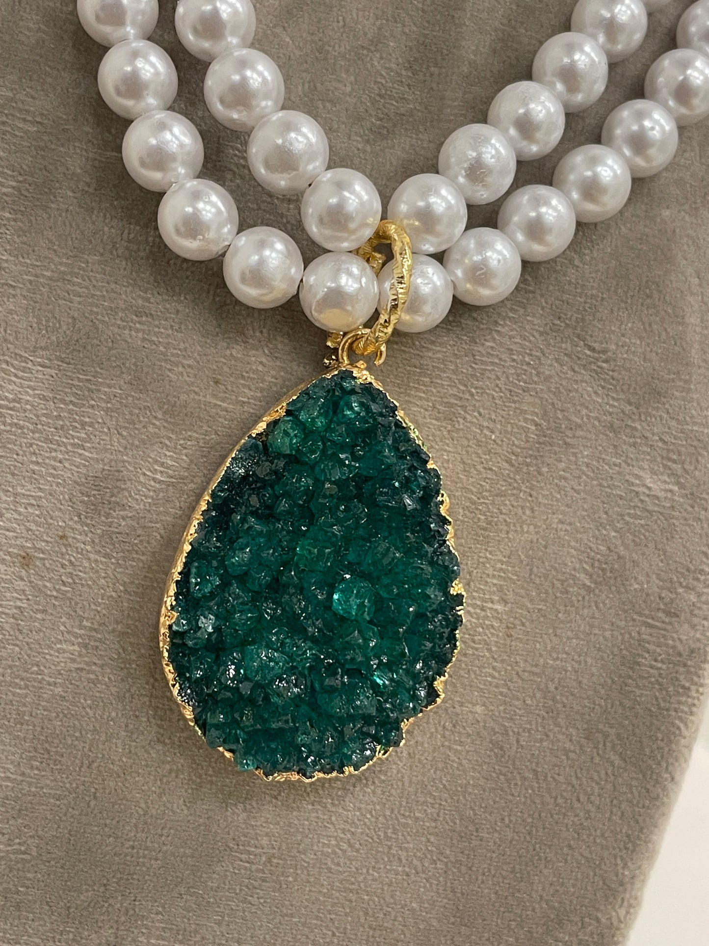Long Pearl Necklace With Green Druzy Stone