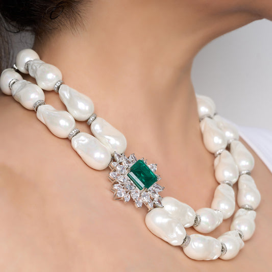 Layered Baroque Pearl Necklace with Green Zircon Accents