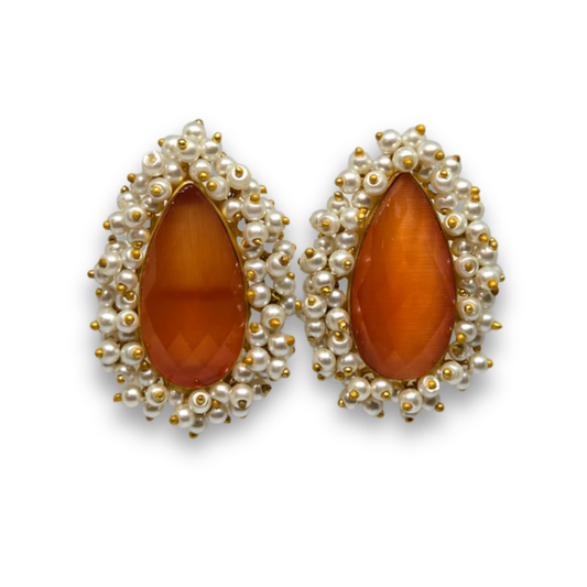 Coral Stone & Pearl Cluster Stud Earrings
