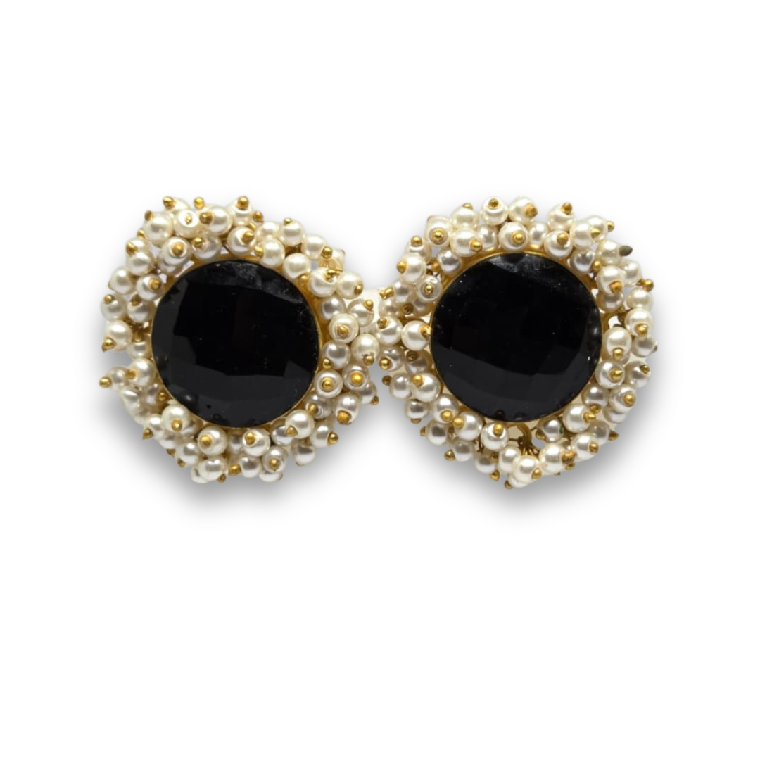 Black Crystal Stud Earrings with Pearls