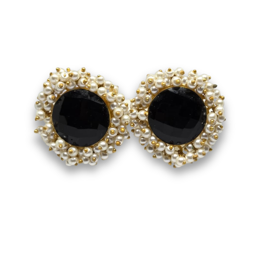 Black Crystal Stud Earrings with Pearls