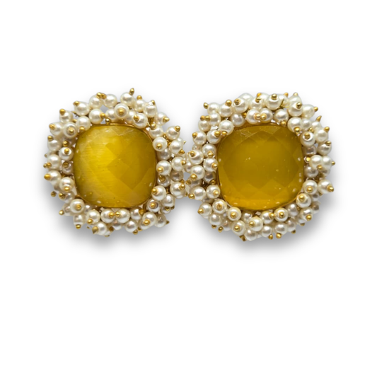 Yellow Crystal Stud Earrings with Pearls