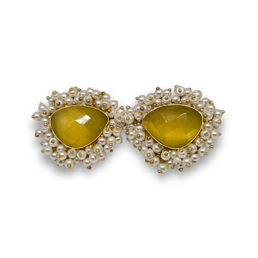 Lemon Yellow Faceted Stone Stud Earrings with Pearls