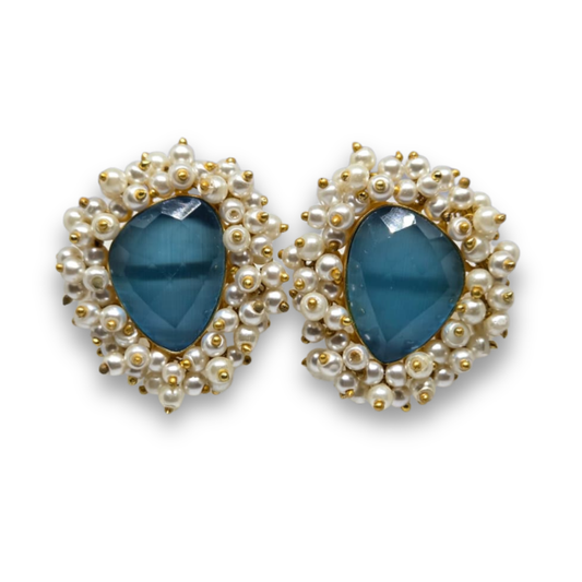 Electric Blue Faceted Stone Stud Earrings with Pearls