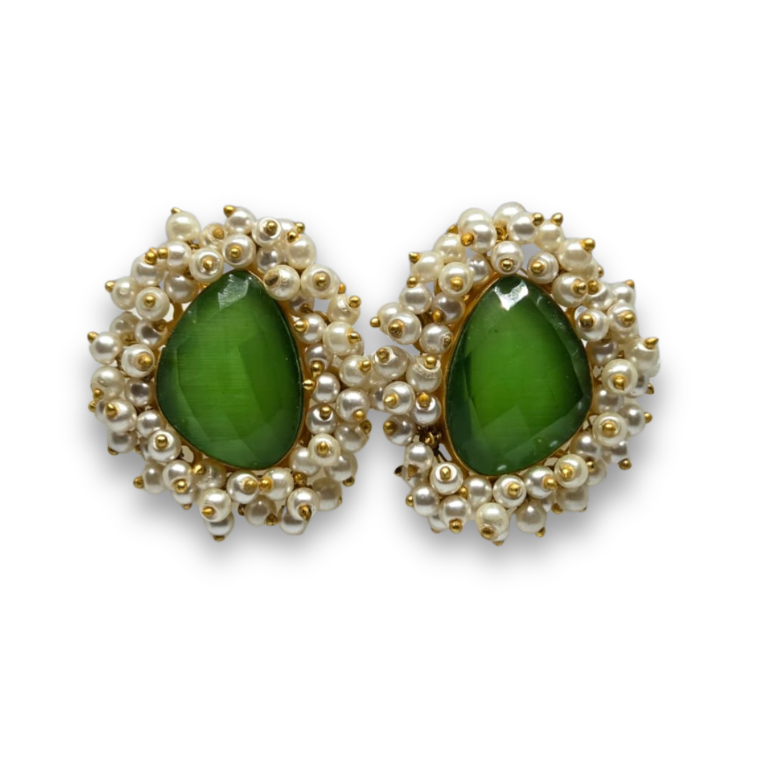 Emerald Green Faceted Stone Stud Earrings with Pearls