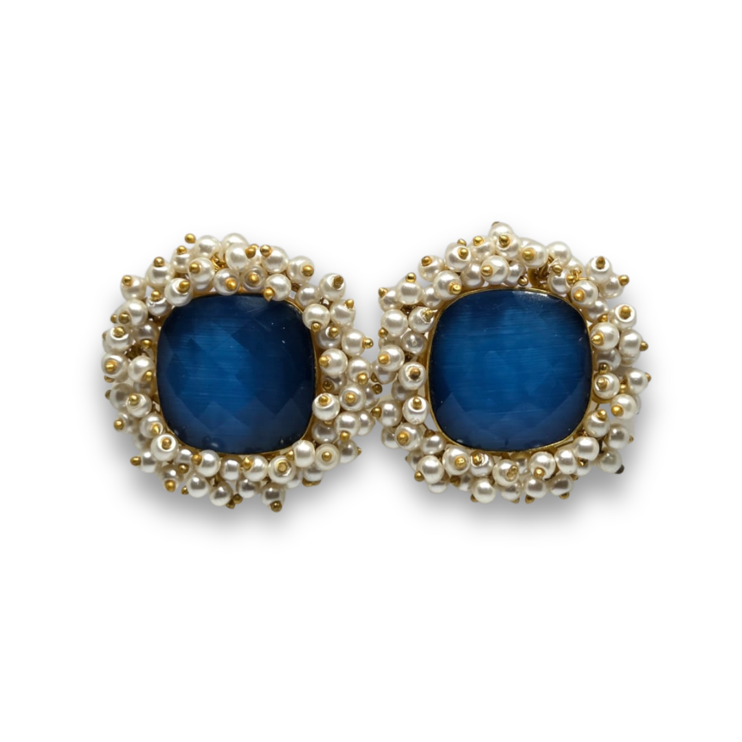 Blue Crystal Stud Earrings with Pearls