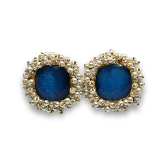 Blue Crystal Stud Earrings with Pearls