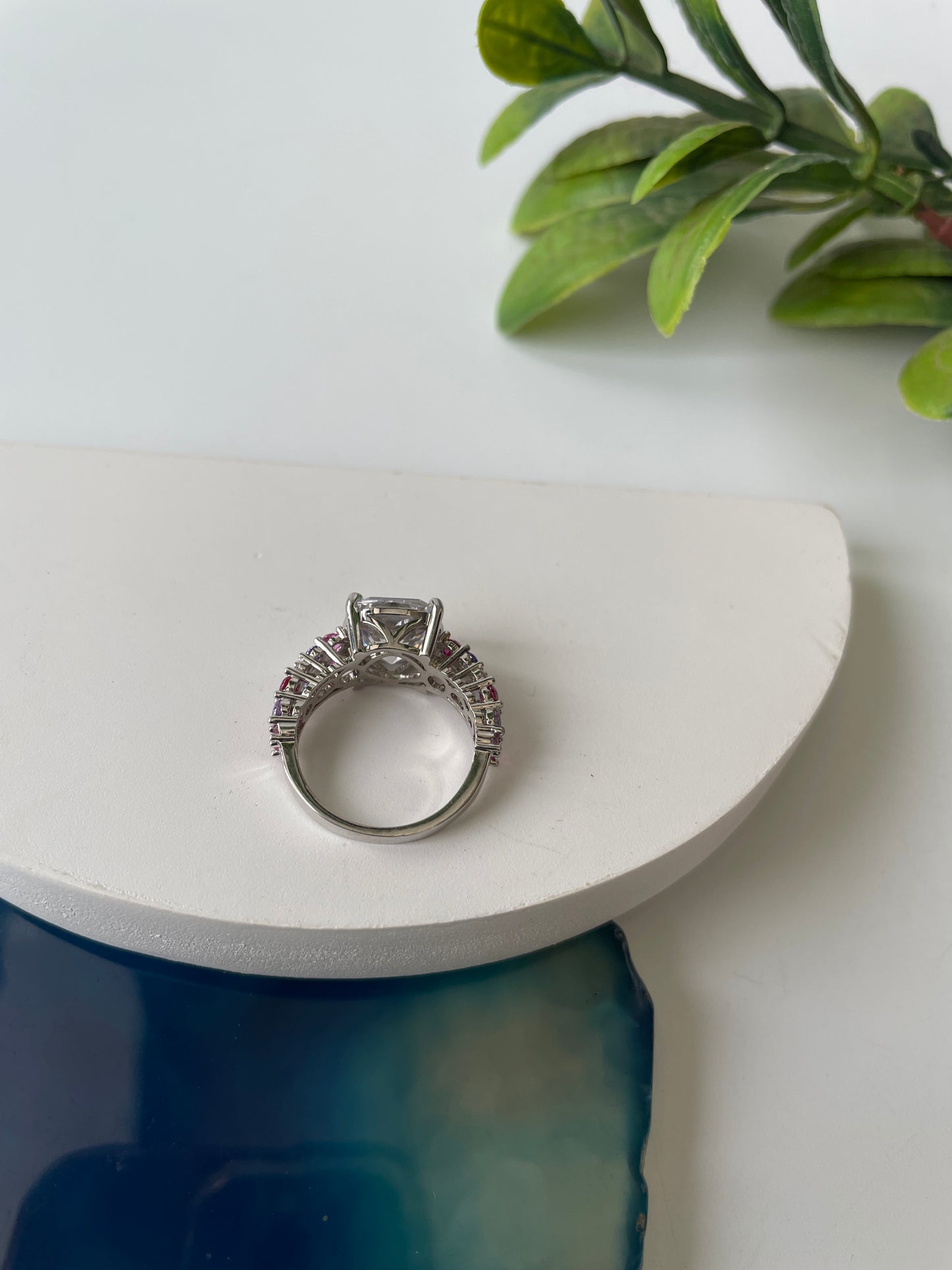 White Finish Solitaire Ring with Colored Stone Details