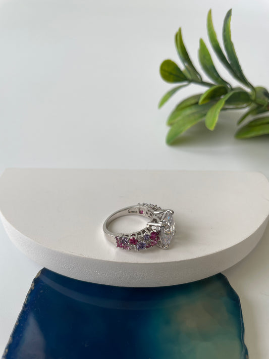 White Finish Solitaire Ring with Colored Stone Details