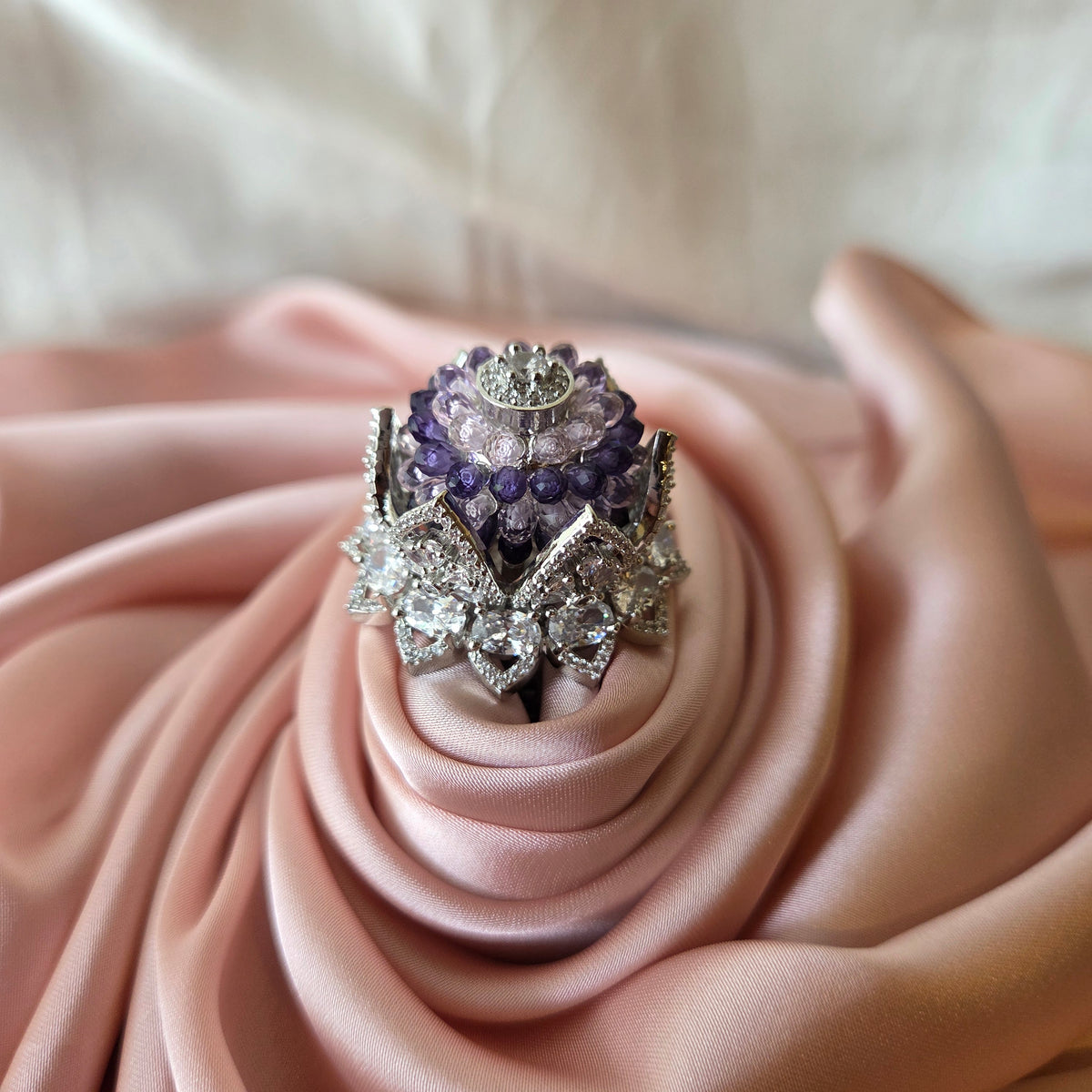 Silver-Tone Purple Floral Statement Ring