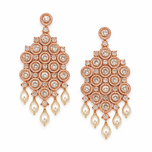 Rose Gold Finish Zircon Danglers with Pearl Drops