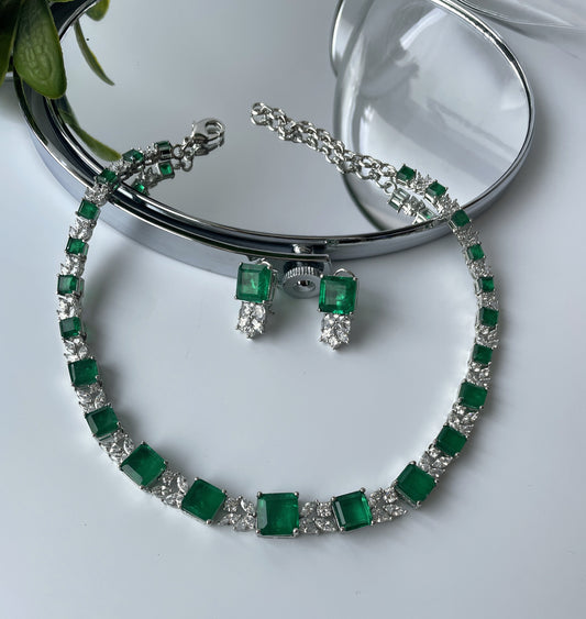 Zircon and Emerald Necklace Set in White Finish