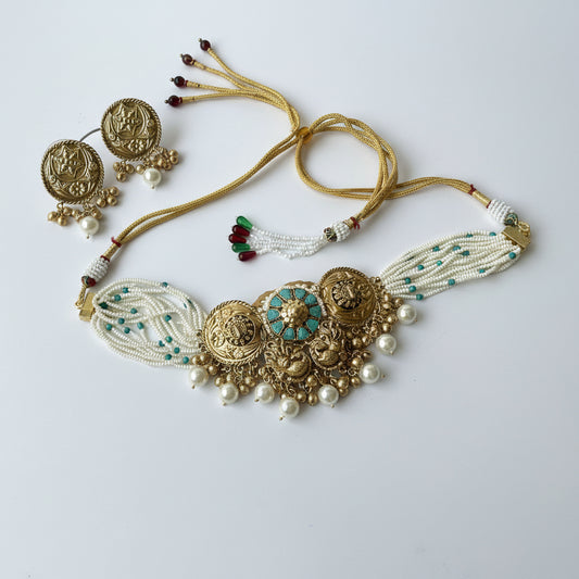 Gold Finish Turquoise Studded Temple Necklace Set with Pearls
