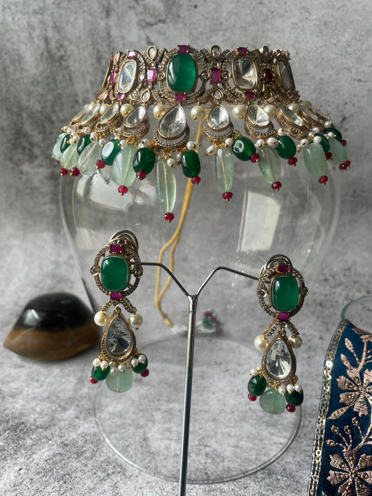Kundan Necklace Set with the perfect Red and Green Stone Combo, accentuated with Pearls