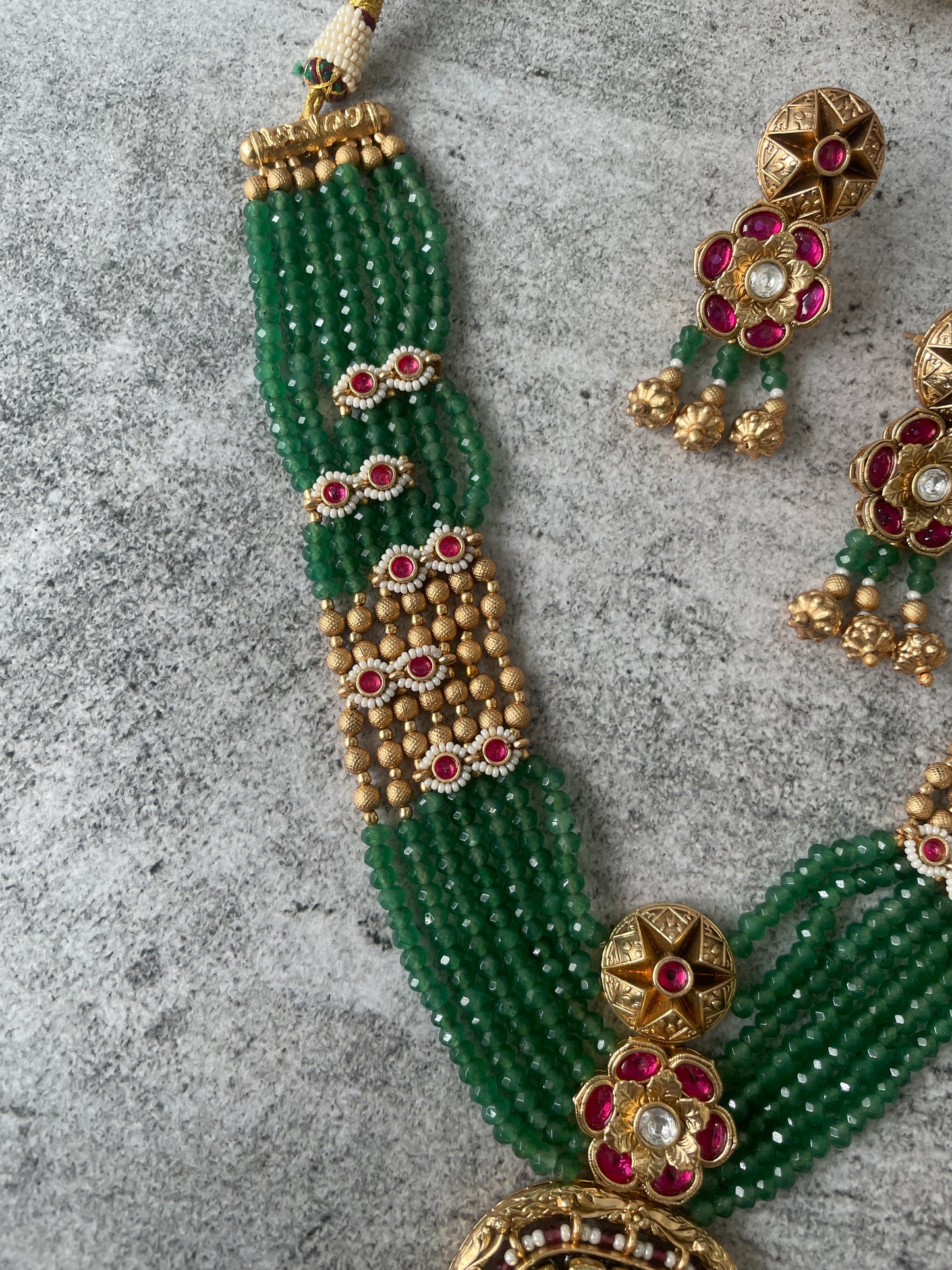 Matte Gold Finish Temple Style Long Beaded Necklace Set