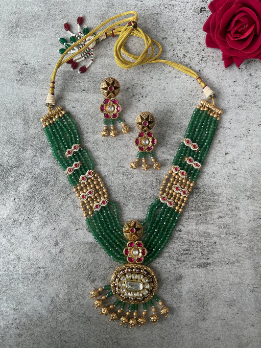 Matte Gold Finish Temple Style Long Beaded Necklace Set